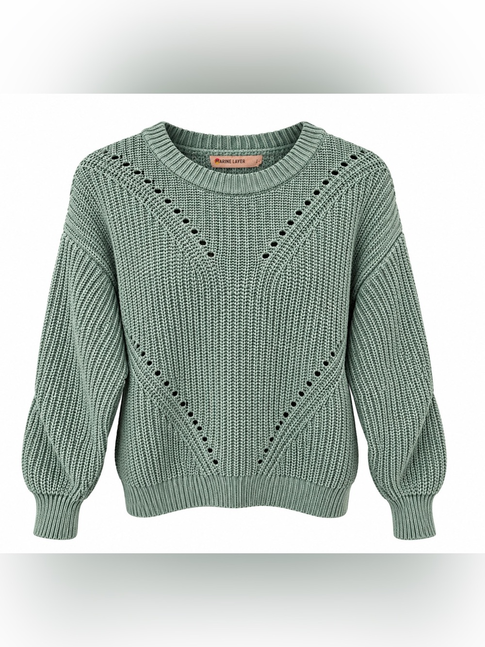 Marine Layer Olivia Pointelle Cotton Crewneck Sweater Teal Green L